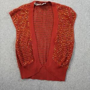 Necessary Objects Women's S Rust Orange Sequin 100% Silk Open Knit Cardigan Vest